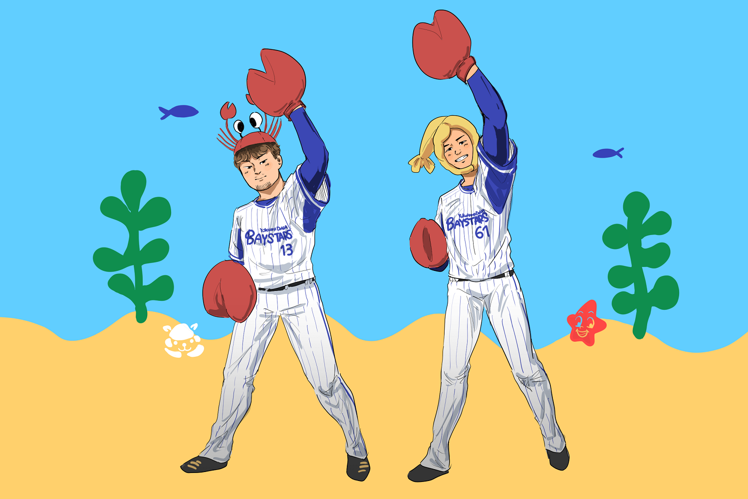 エビカニクスを踊り狂う伊勢選手と蝦名選手のイラスト